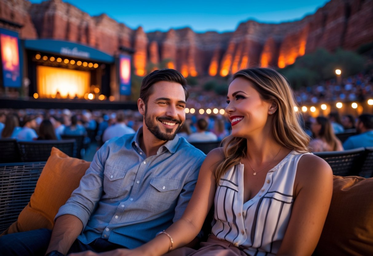 A couple enjoying an evening show at Tuacahn Amphitheatre with red rock cliffs illuminated in the background.