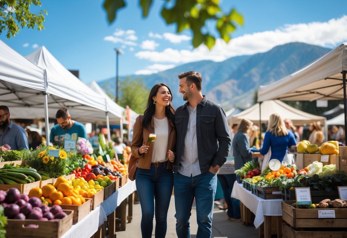 A couple enjoying a sunny day at an outdoor farmers market with colorful stalls and fresh produce, surrounded by other visitors and mountain views in the background.