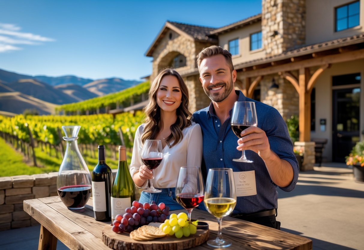 A couple enjoying wine tasting outdoors at a winery surrounded by vineyards and hills.