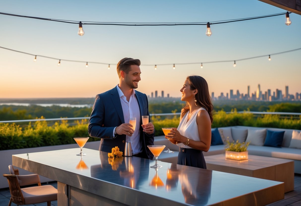 A couple enjoying cocktails together on a rooftop with scenic views of greenery and a distant city skyline.