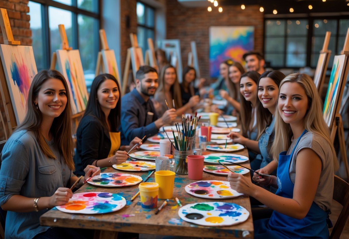 People painting together at a local art studio during a paint night event.