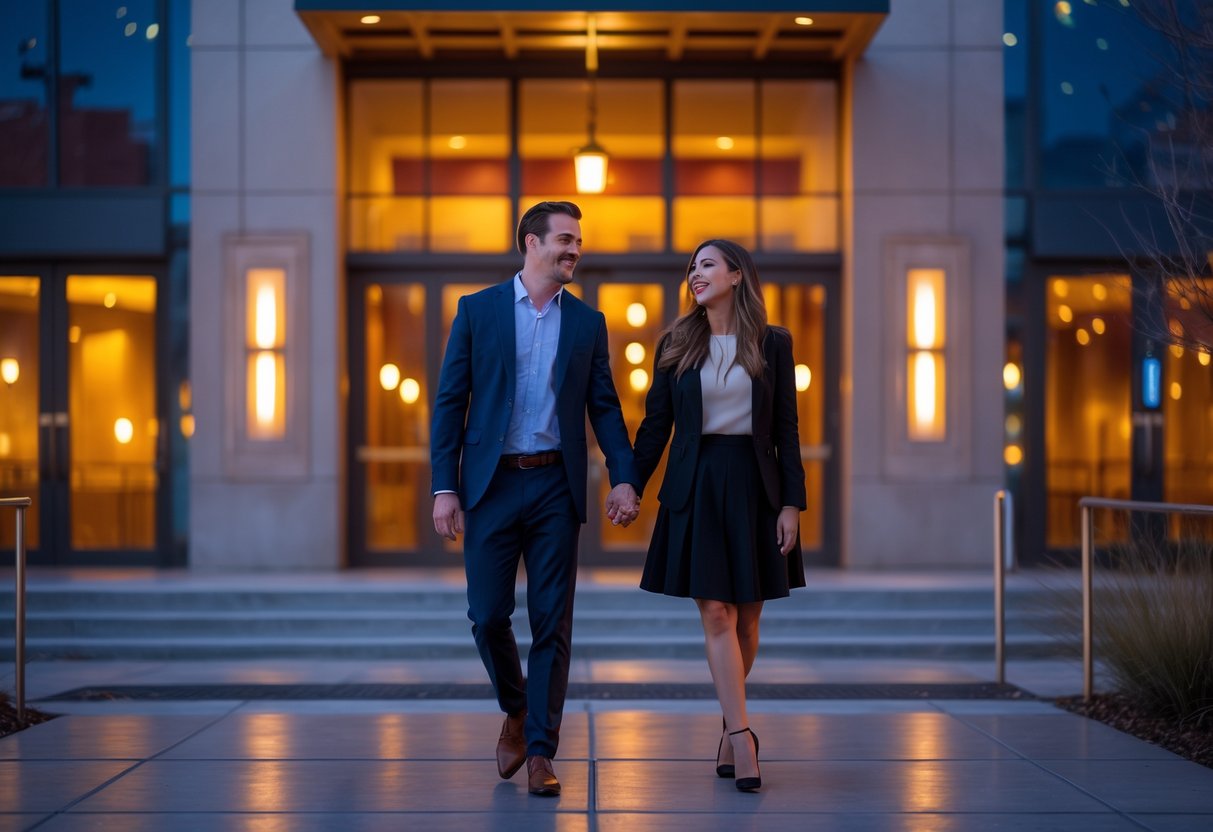 A young couple smiling and holding hands outside a modern theater building in the evening.
