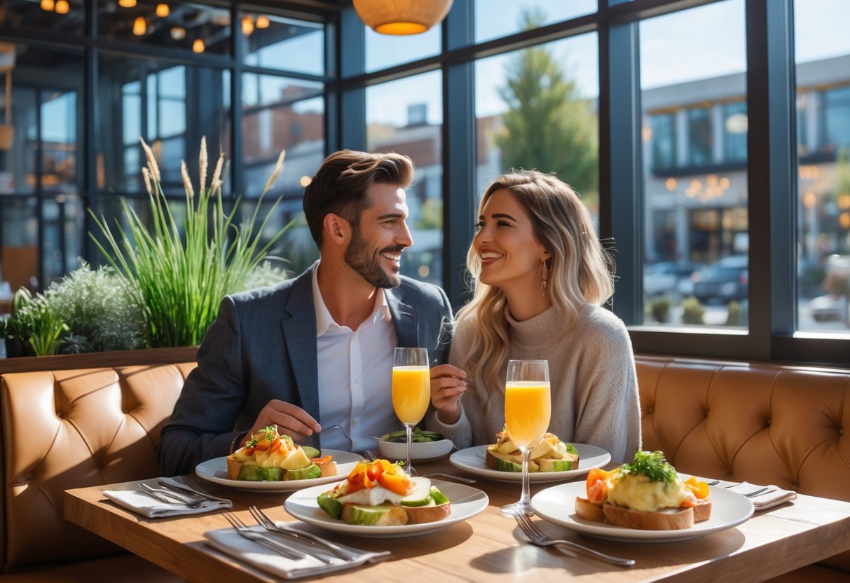 A young couple enjoying brunch together at a sunny restaurant table with plates of food and drinks.