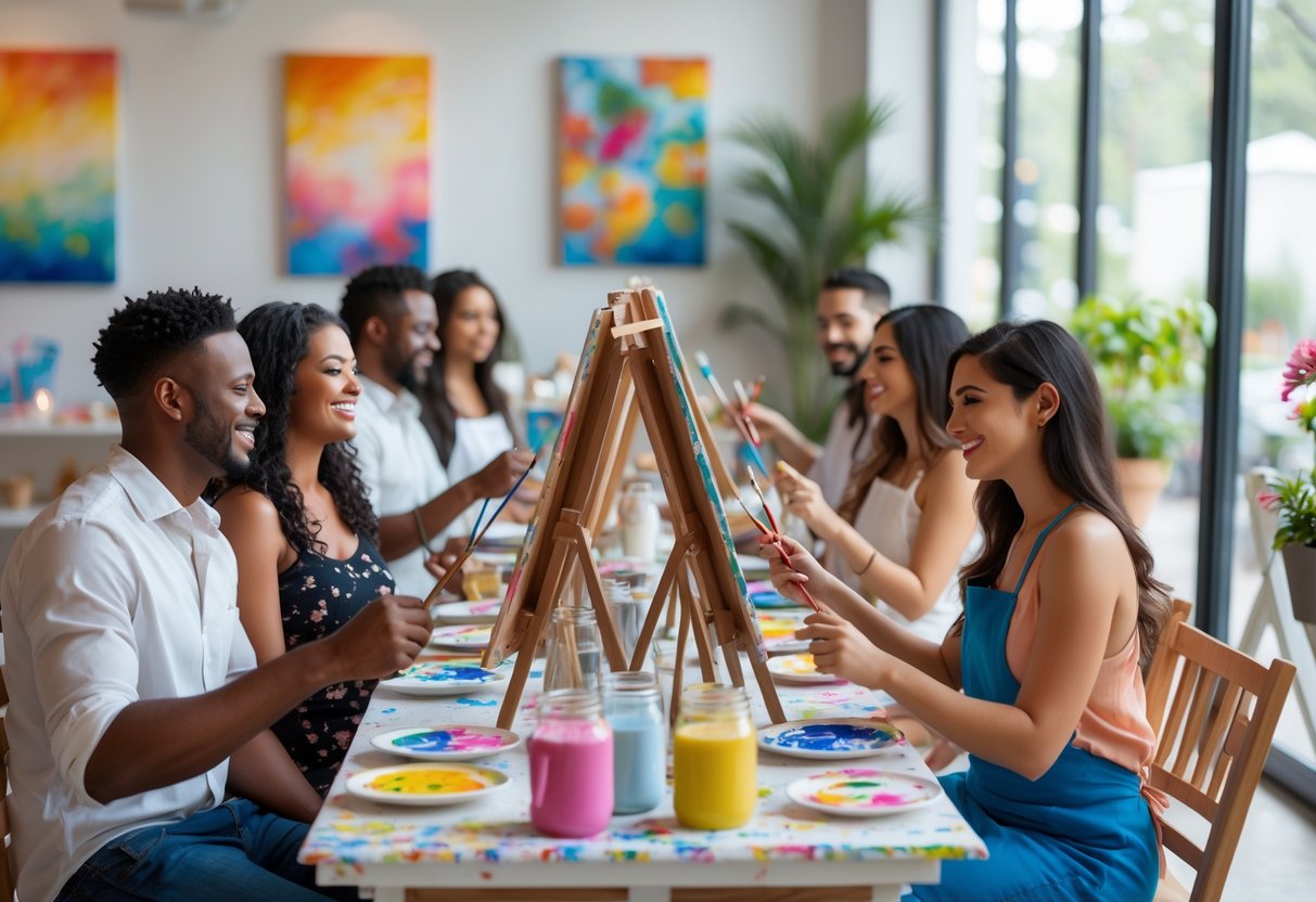 Couples painting together in a bright art studio, sitting side by side at easels with paintbrushes and canvases.