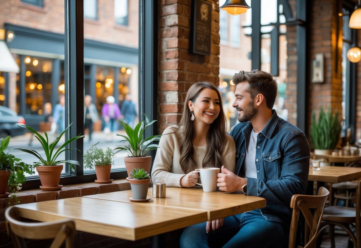 A young couple enjoying coffee together at a cozy café with wooden tables and large windows showing a city street outside.
