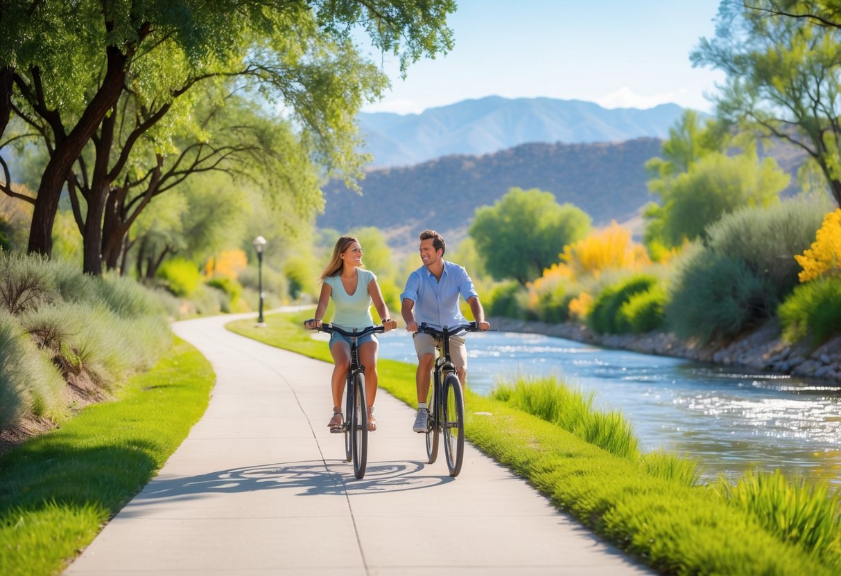 A couple riding bicycles along a paved path next to a river surrounded by trees and mountains.