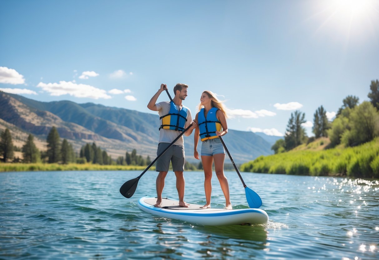 A young couple paddleboarding on a calm lake with mountains and greenery in the background.