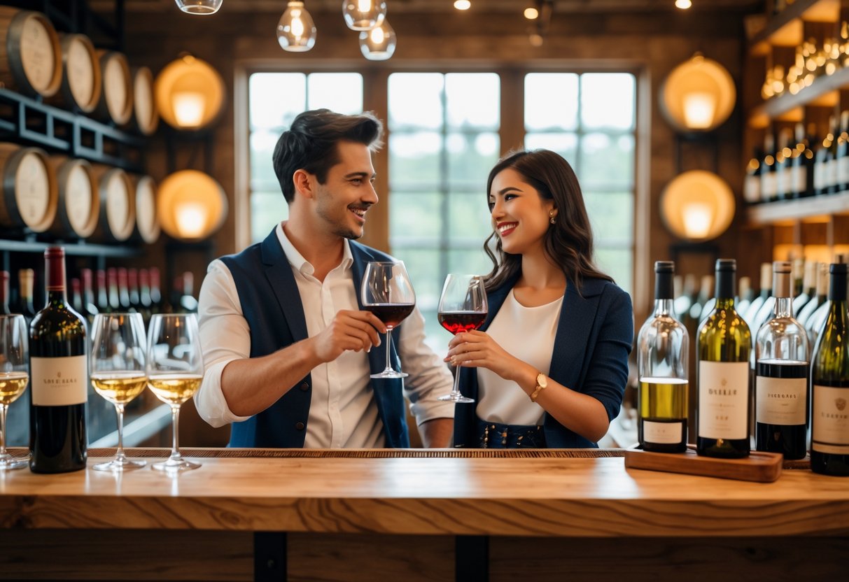 A young couple tasting wine together in a cozy wine tasting room with wooden decor and shelves of wine bottles.