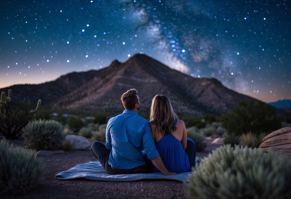 A couple sitting outdoors at night on a mountain near Provo, Utah, looking up at a clear starry sky with a large Y shape visible on the mountain behind them.