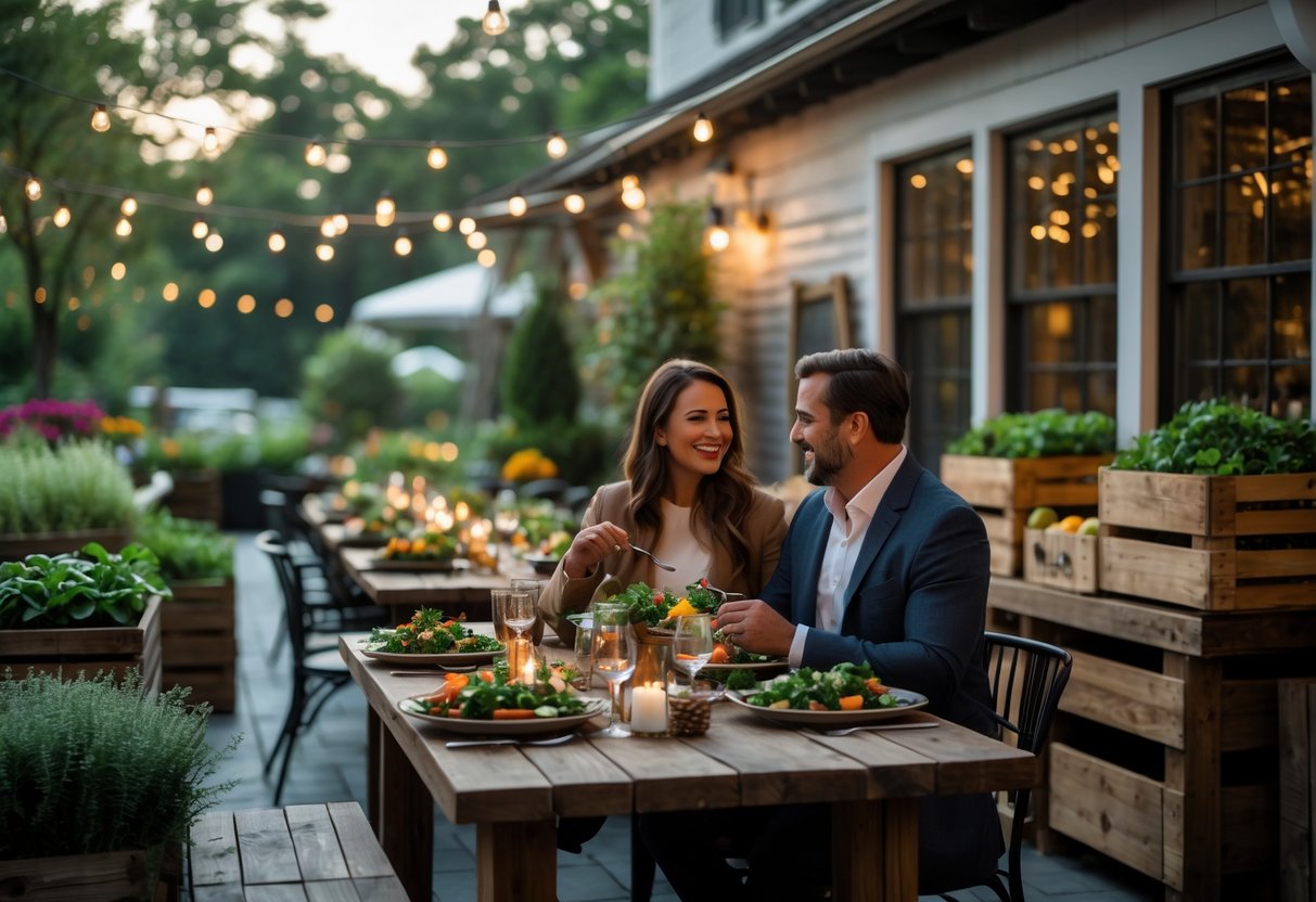 A couple enjoying a meal together at an outdoor farm-to-table restaurant patio surrounded by greenery and warm lighting.