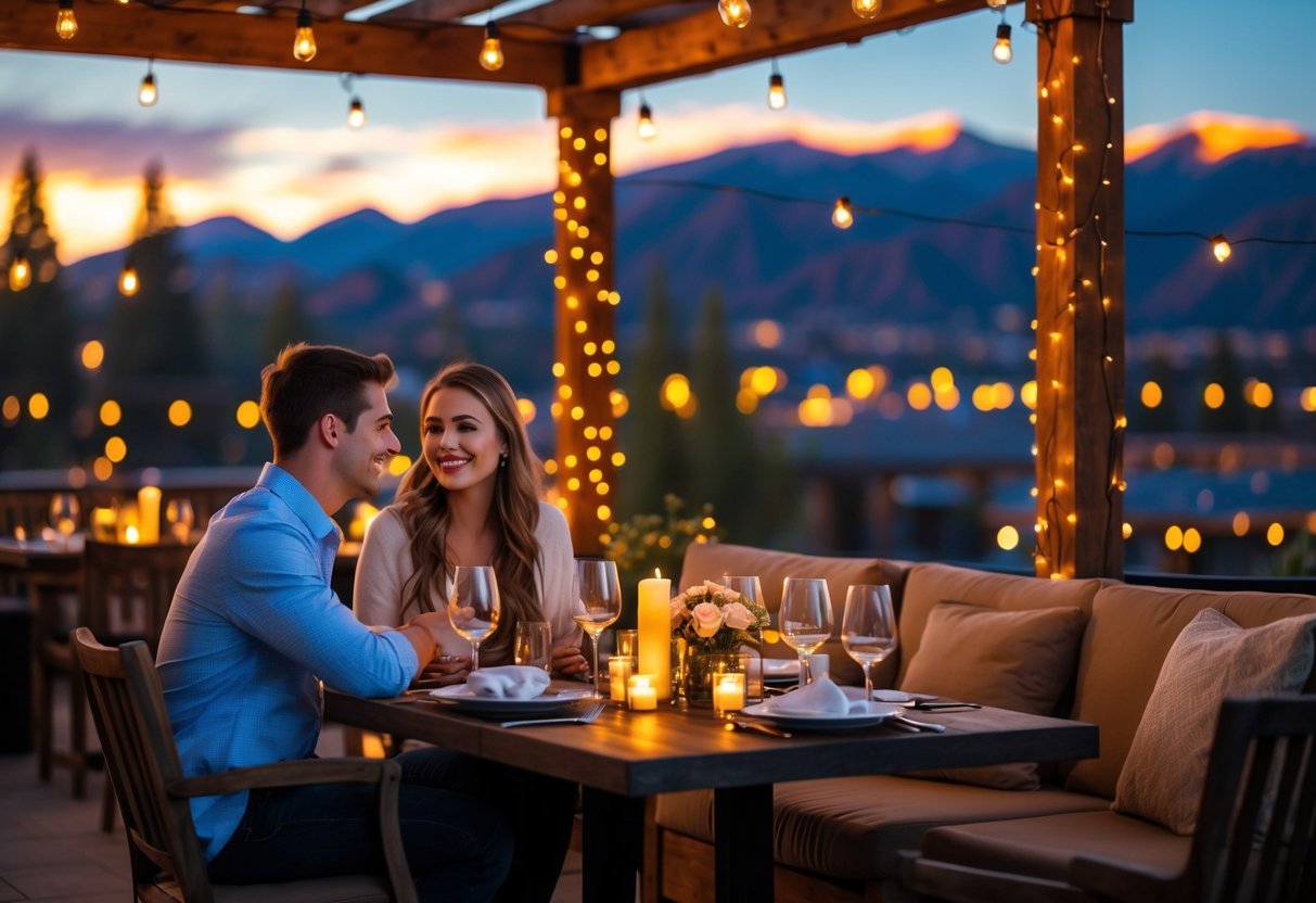 A young couple enjoying an outdoor dinner on a restaurant patio with mountains in the background at sunset.