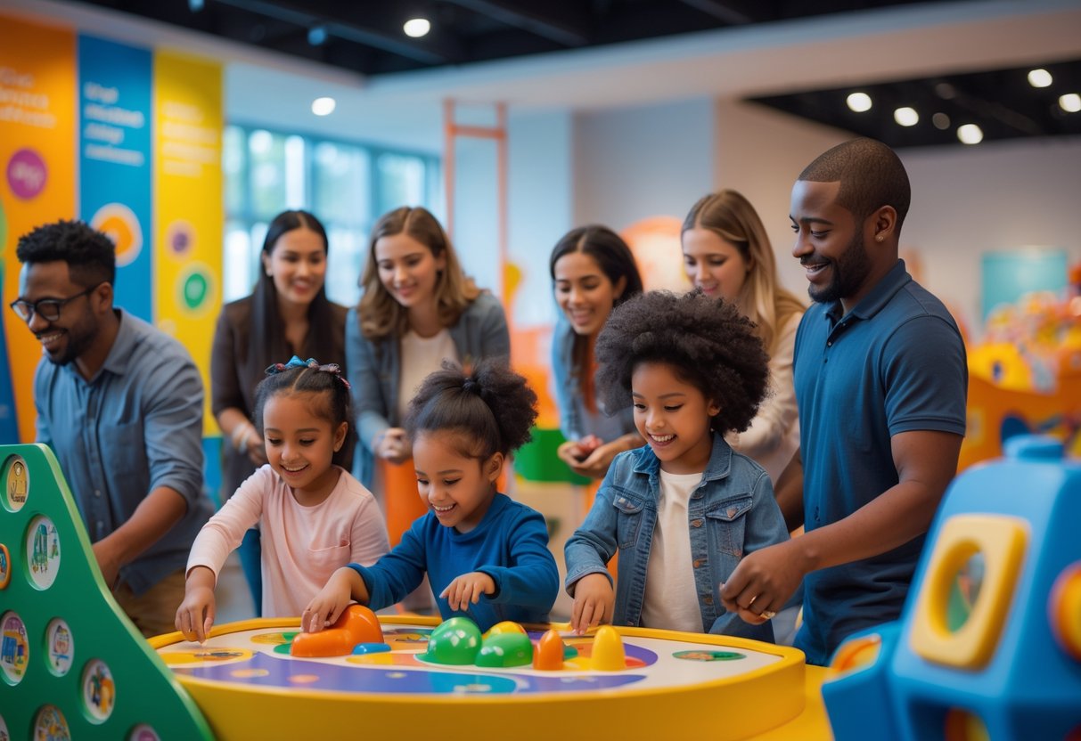 Children and adults interacting with colorful exhibits inside the Westchester Children's Museum.