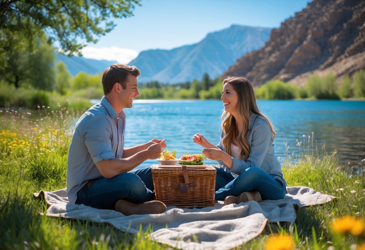 A young couple enjoying a picnic near a lake with mountains in the background on a sunny day.