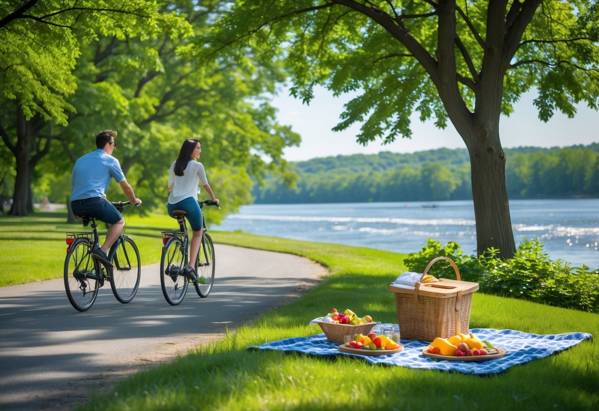 A couple riding bikes along a riverside path with a picnic setup on the grass nearby under a clear sky.