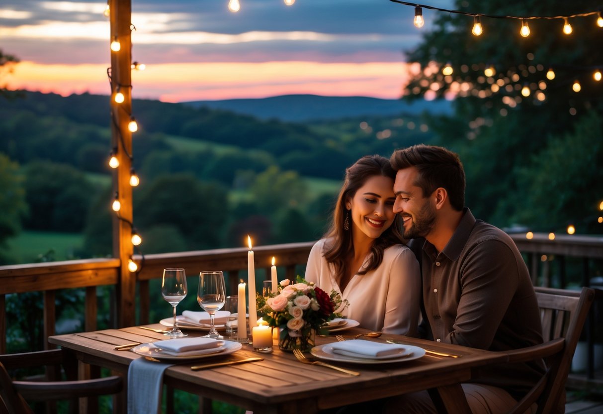 A couple enjoying a romantic outdoor dinner at sunset with string lights and greenery in the background.