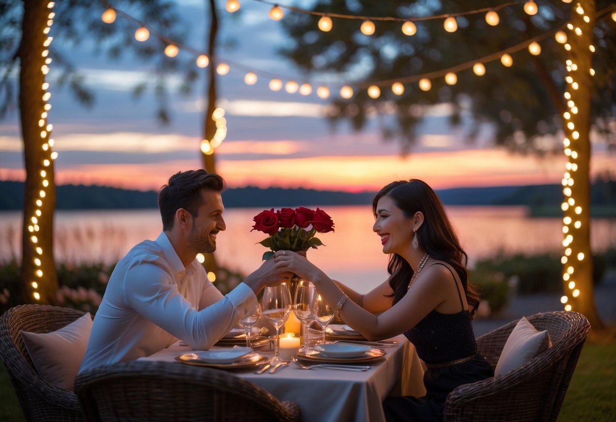 A couple holding hands and smiling at an outdoor dinner table decorated with red roses and candles at sunset near a lake.