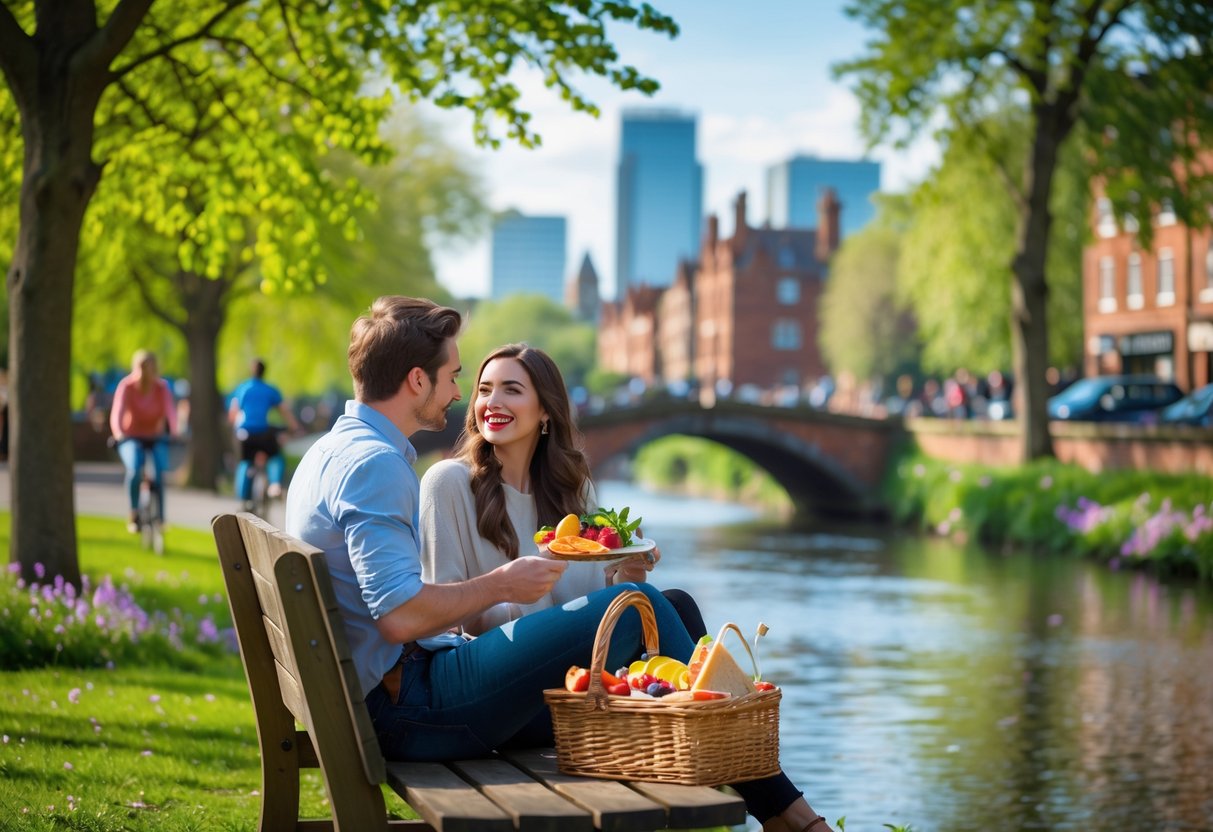 A young couple sitting on a bench by a river in a park, enjoying a picnic with city buildings in the background.