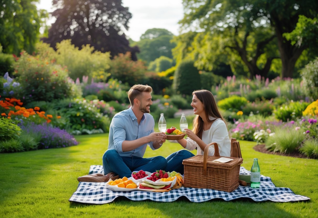 A young couple enjoying a picnic on a blanket in a lush garden with colorful flowers and trees.