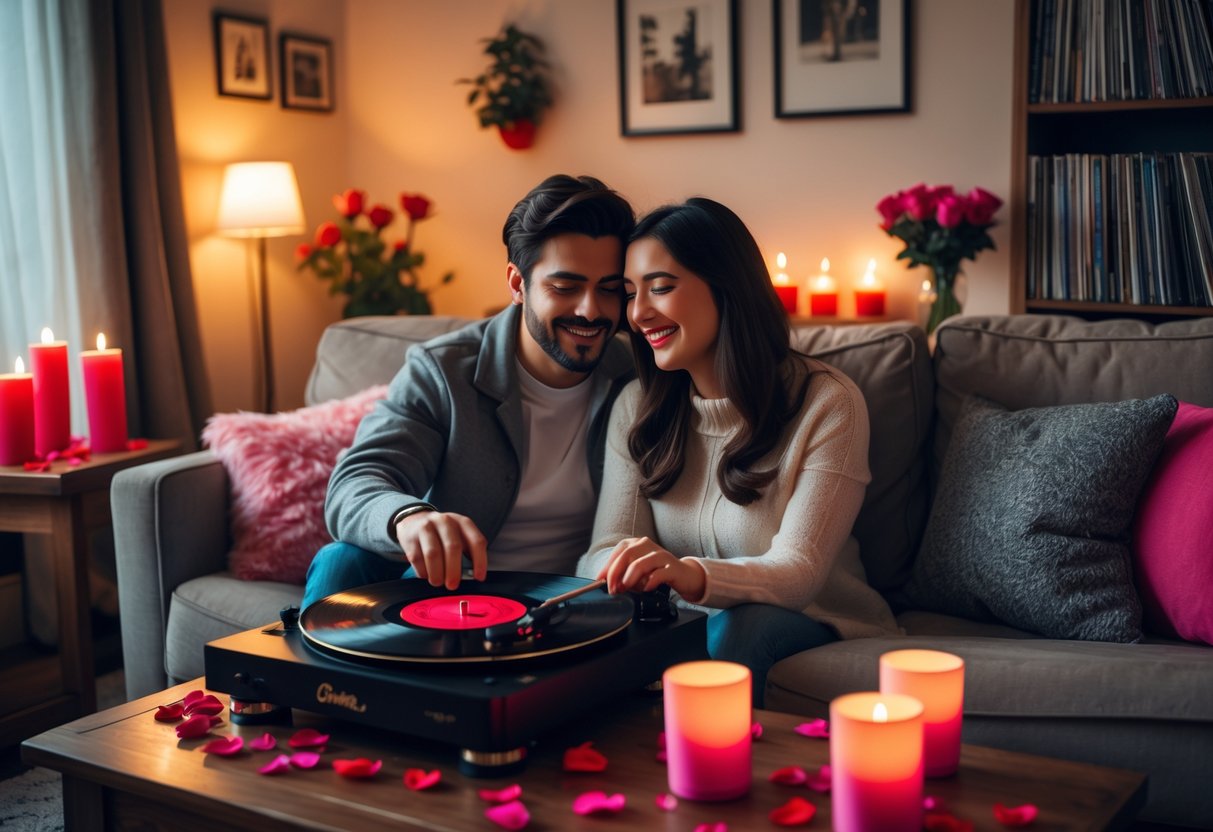 A couple sitting together in a cozy living room enjoying music from a vinyl record player surrounded by romantic decorations.