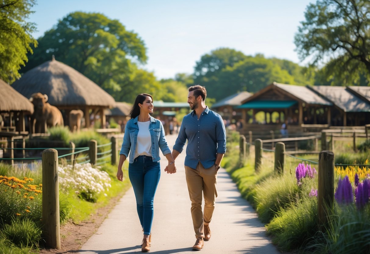 A couple walking hand in hand along a pathway surrounded by greenery and wildlife enclosures at a safari park.