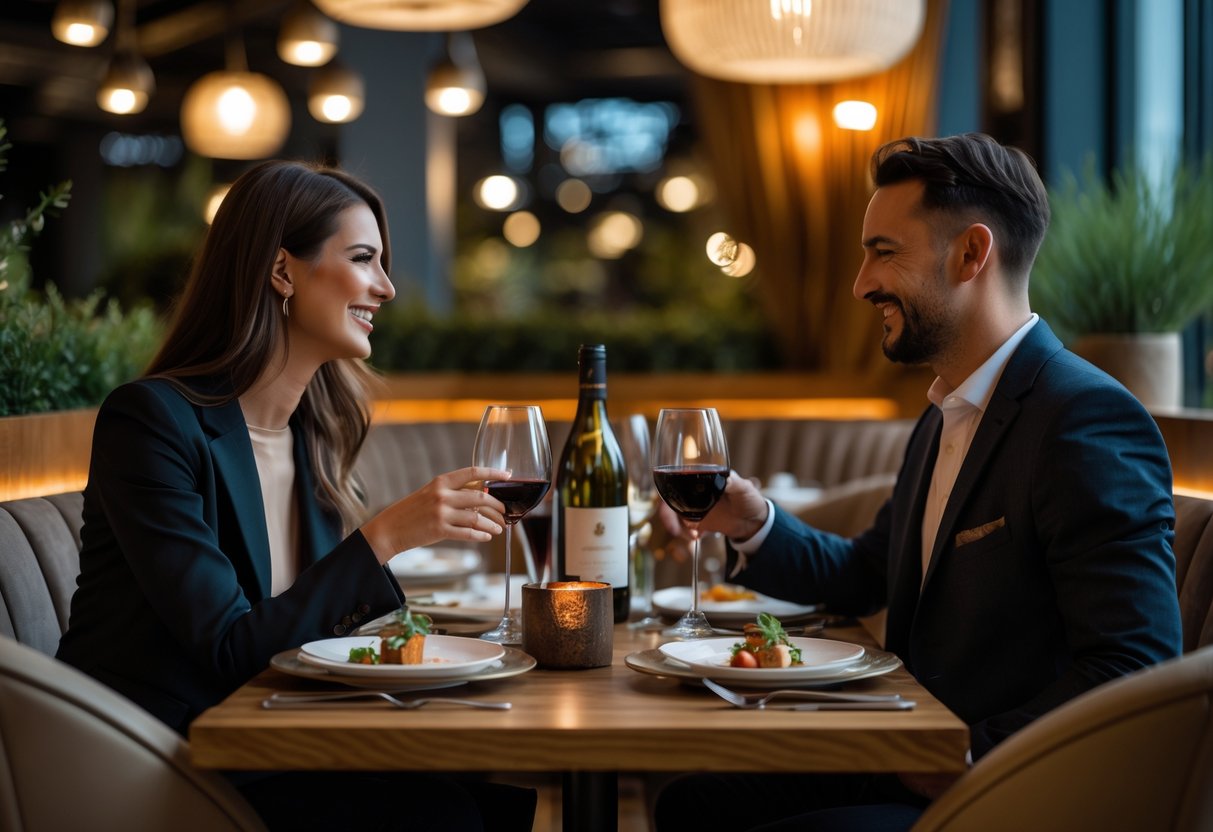 A couple enjoying a romantic dinner at a cozy, upscale restaurant with warm lighting and elegant decor.