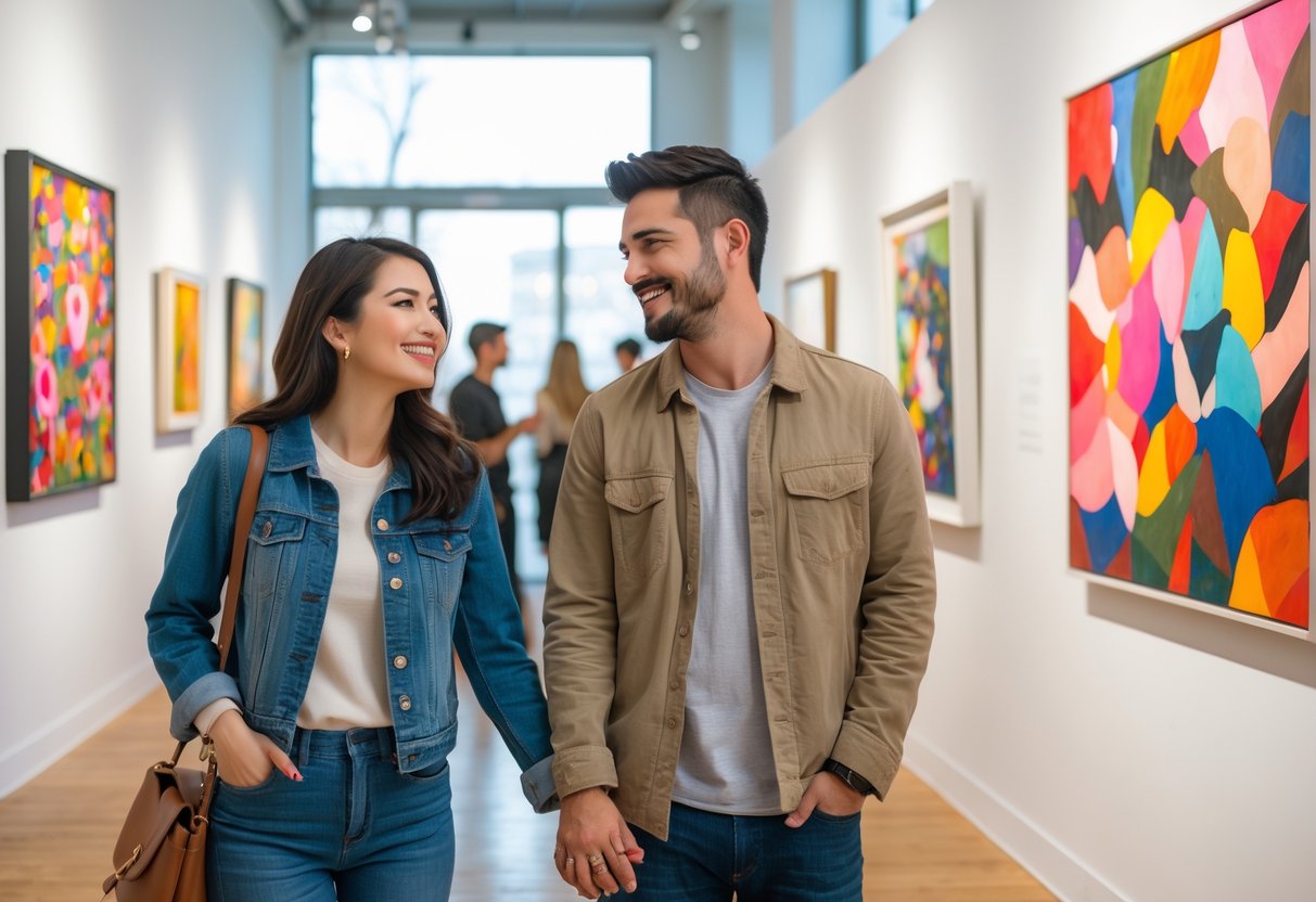 A young couple visiting an art gallery, looking at paintings on the walls and holding hands.