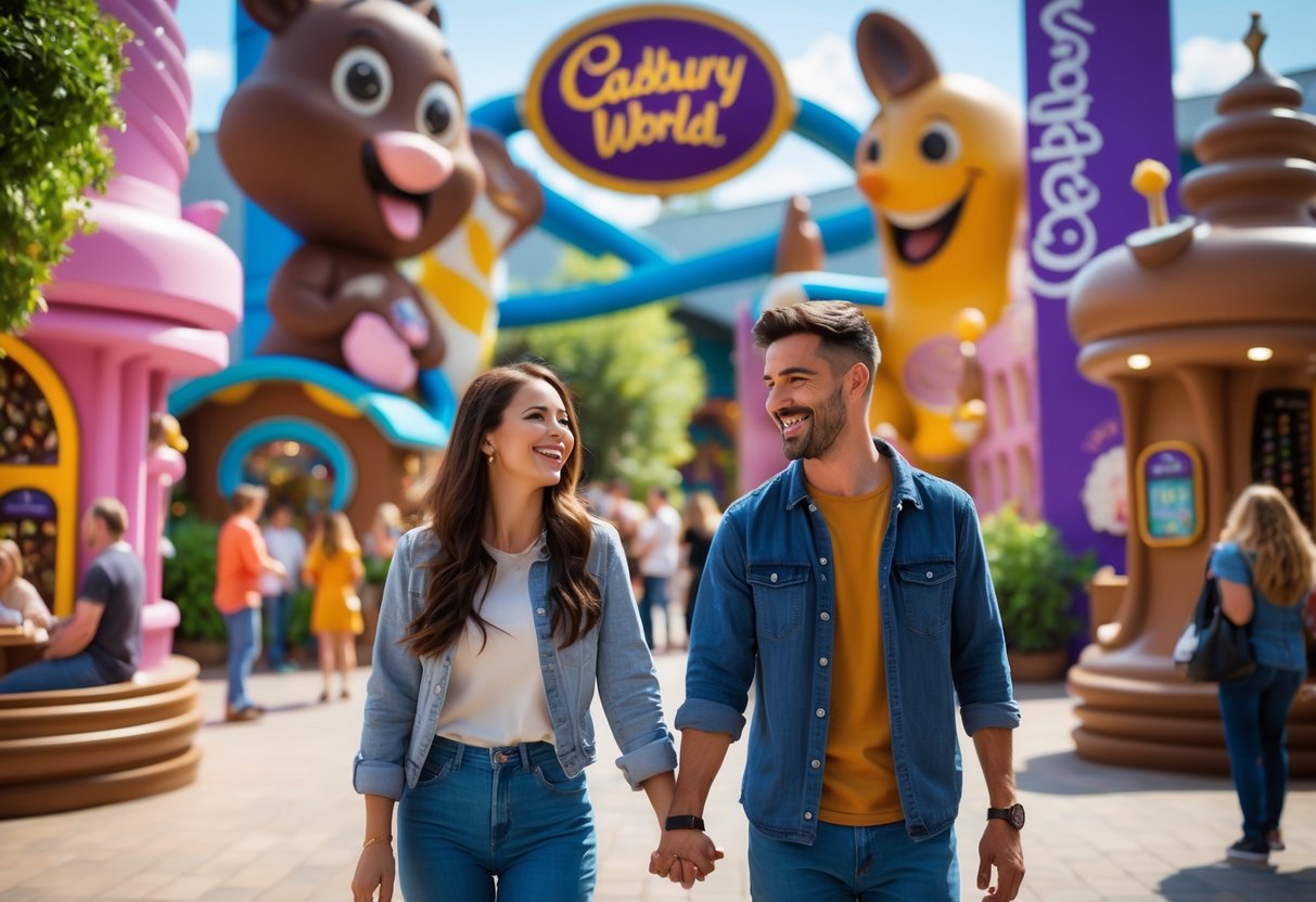 A couple walking hand in hand through a colorful chocolate-themed attraction, smiling and enjoying their visit.