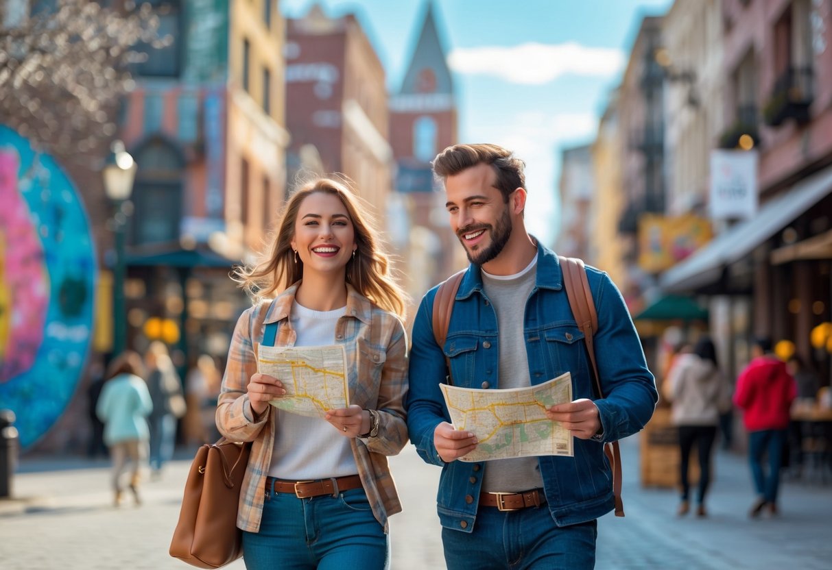 A happy couple walking hand-in-hand in a busy city, holding a map and smiling during a scavenger hunt.