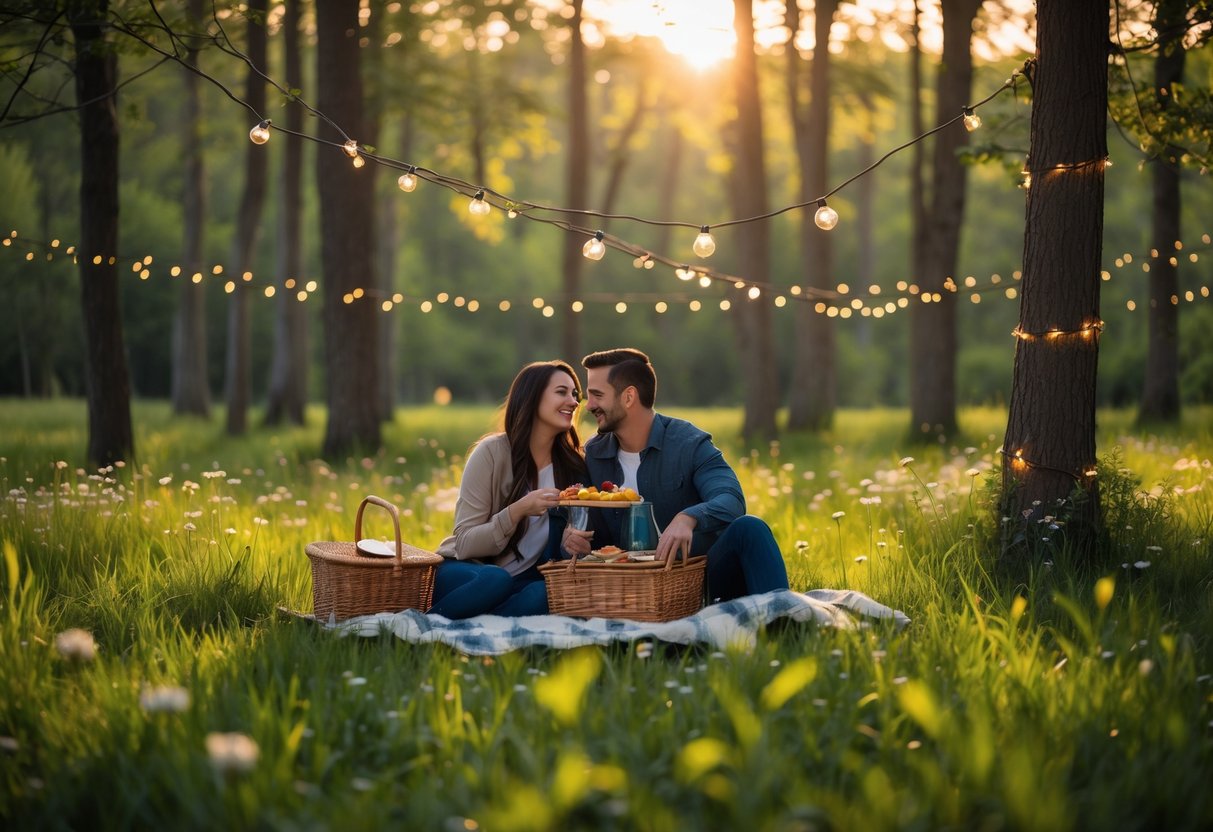 A couple having a picnic together in a green meadow surrounded by trees and wildflowers during sunset.