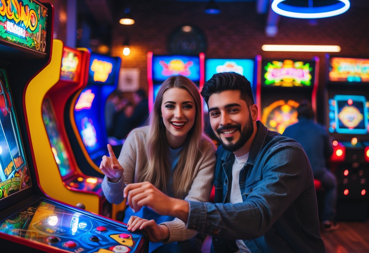 A young couple playing arcade games together in a lively local arcade venue.