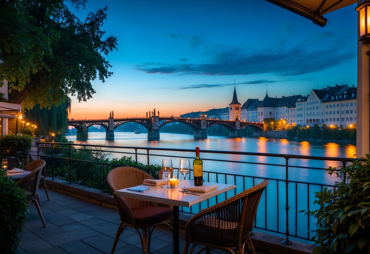 A romantic outdoor dinner table for two overlooking the Mühlesteg Bridge and river in Zurich at dusk.