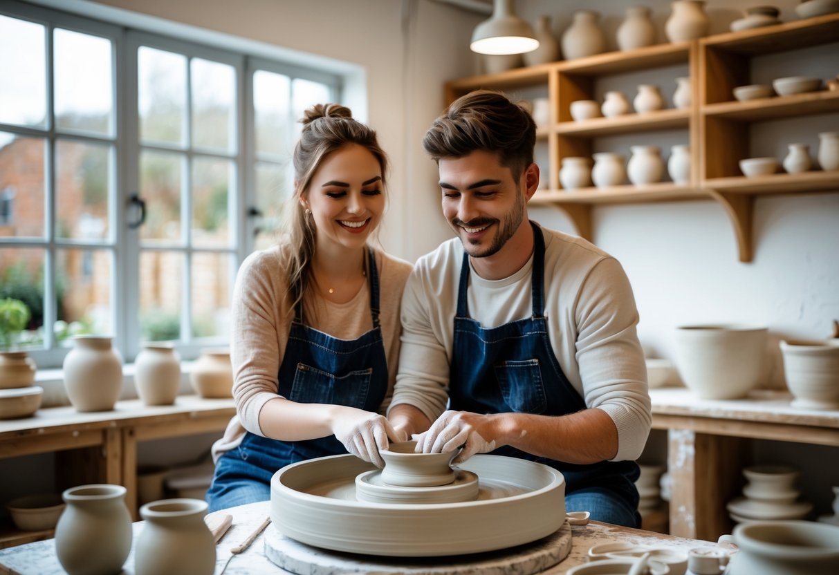 A young couple shaping clay together on a pottery wheel in a bright studio filled with pottery tools and finished ceramic pieces.