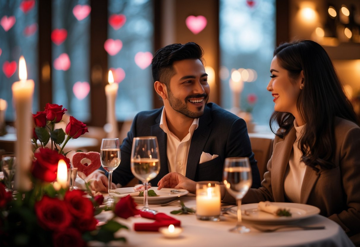 A couple enjoying a romantic Valentine's date at a candlelit table decorated with roses and heart-shaped accents.