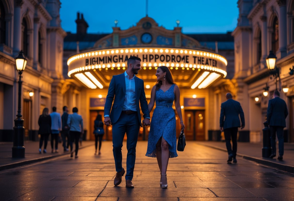 A couple walking hand in hand toward the entrance of the Birmingham Hippodrome theater in the evening with other people nearby.