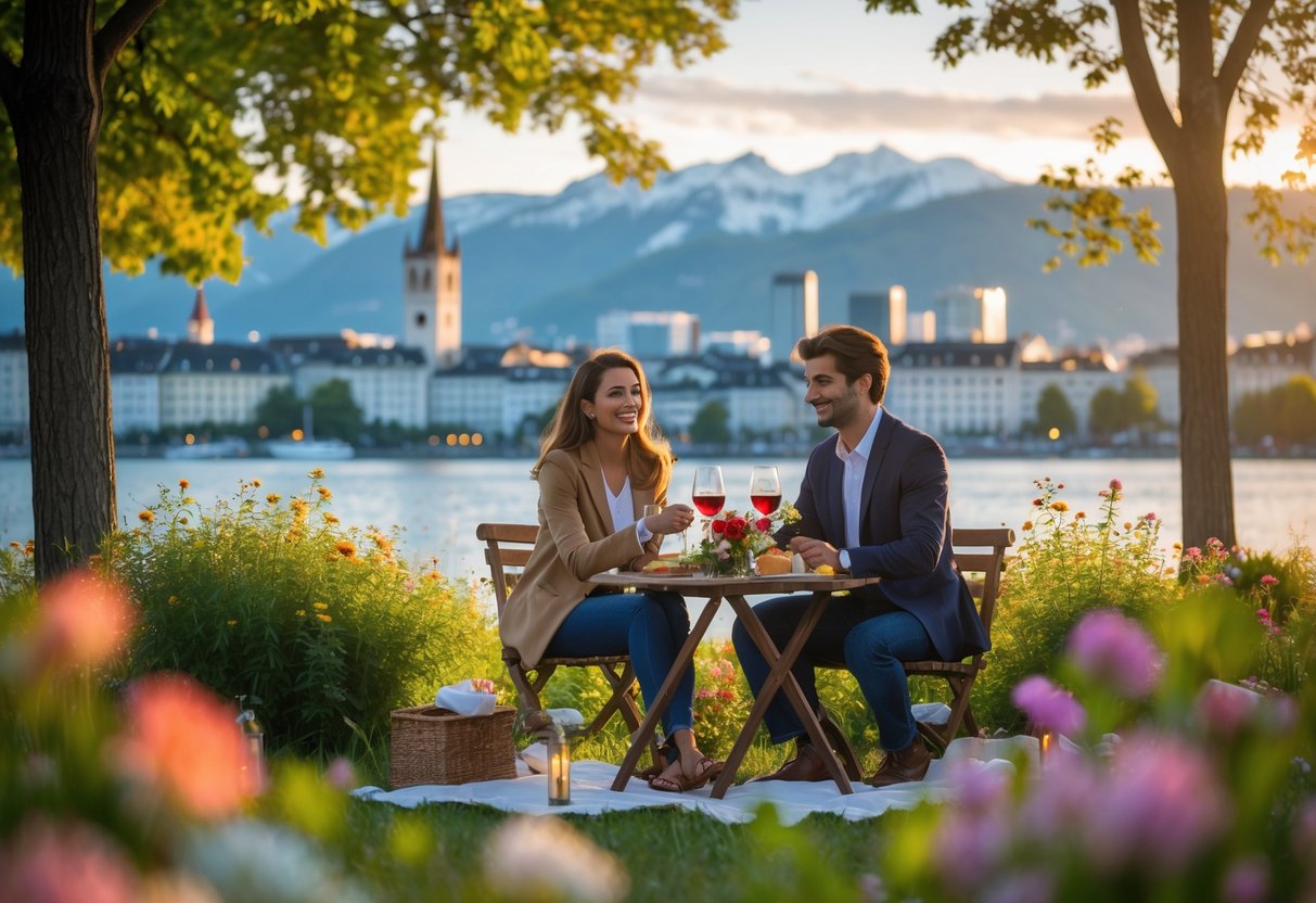 A couple enjoying a picnic by Lake Zurich with the city skyline and mountains in the background.