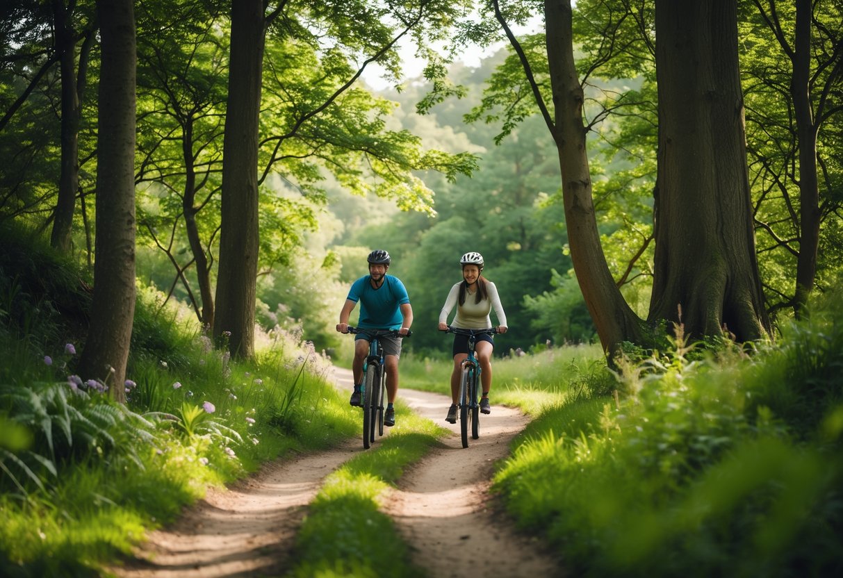 A couple cycling on a dirt trail through a green forest with tall trees and sunlight filtering through the leaves.