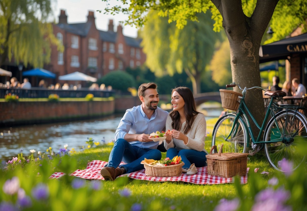 A couple enjoying a picnic in a riverside park with historic buildings and greenery in the West Midlands.