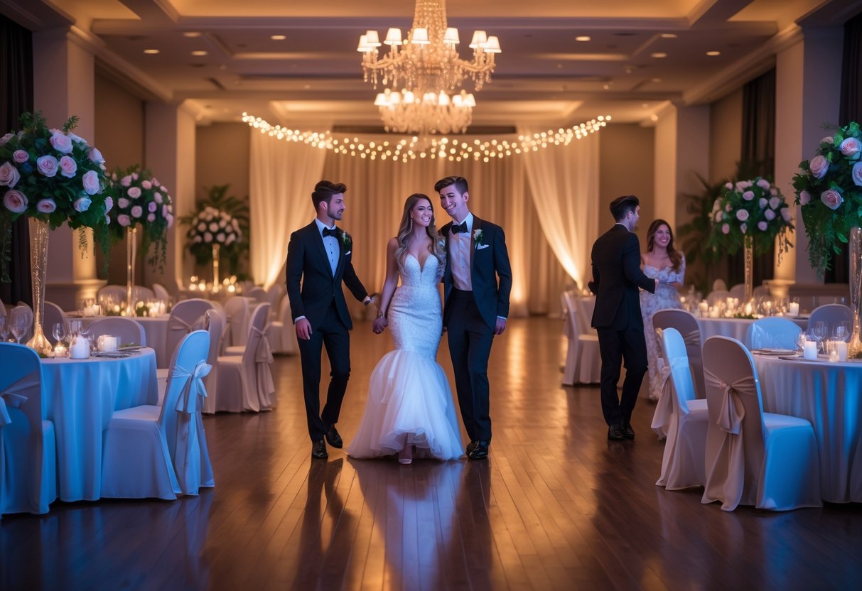 A decorated ballroom with round tables, floral centerpieces, chandeliers, and young couples in formal attire enjoying a prom night.