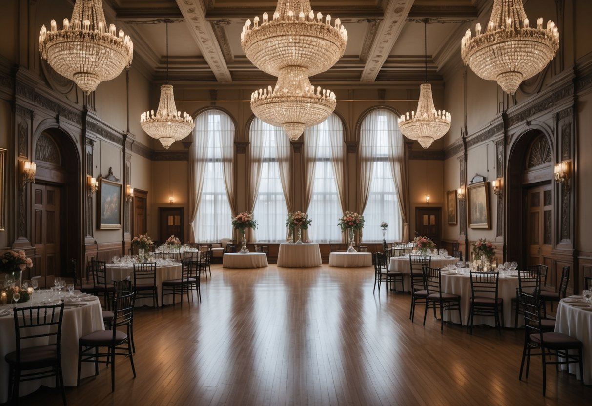 An empty elegant ballroom with chandeliers, tall windows, and decorated tables in a historic hotel.