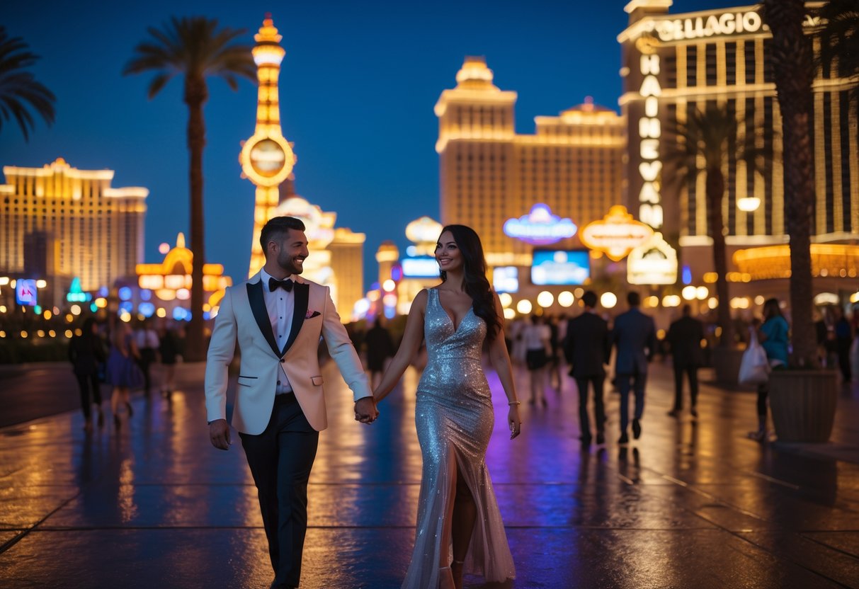 A couple dressed elegantly walking hand-in-hand along the brightly lit Las Vegas Strip at night with neon signs and casinos in the background.