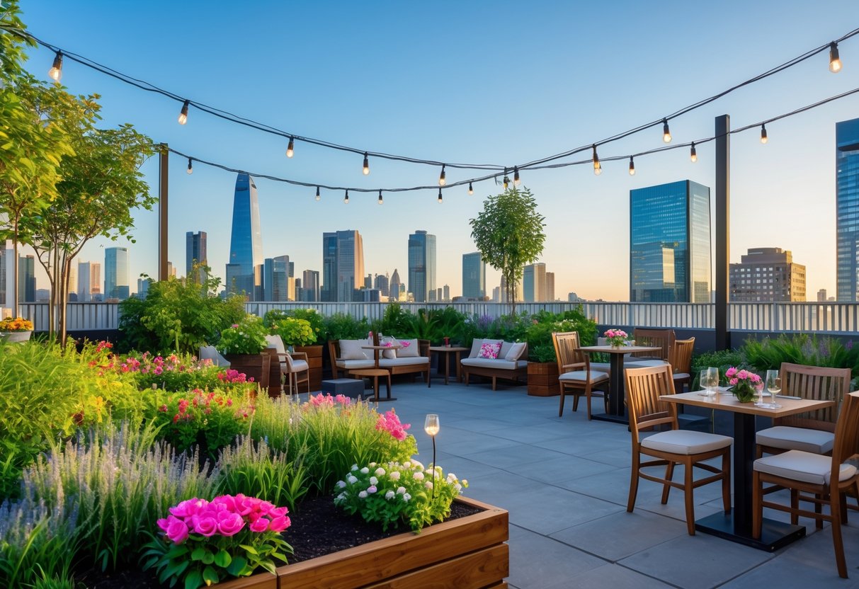 A rooftop garden with plants and seating overlooking a city skyline under a clear sky.