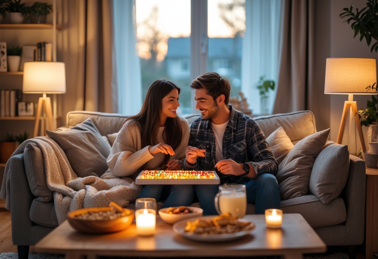 A young couple sitting on a sofa, enjoying a cozy weekend date at home with warm lighting and relaxing activities.