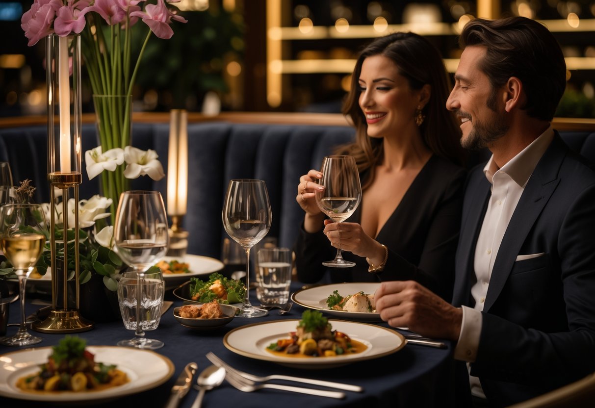 A couple enjoying a romantic dinner at an elegant restaurant with beautifully presented gourmet dishes and warm ambient lighting.