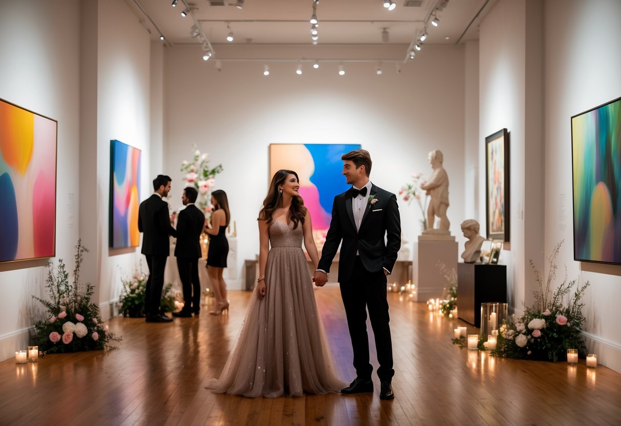 A young couple dressed in formal prom attire admiring artwork inside a modern art gallery with other guests nearby.