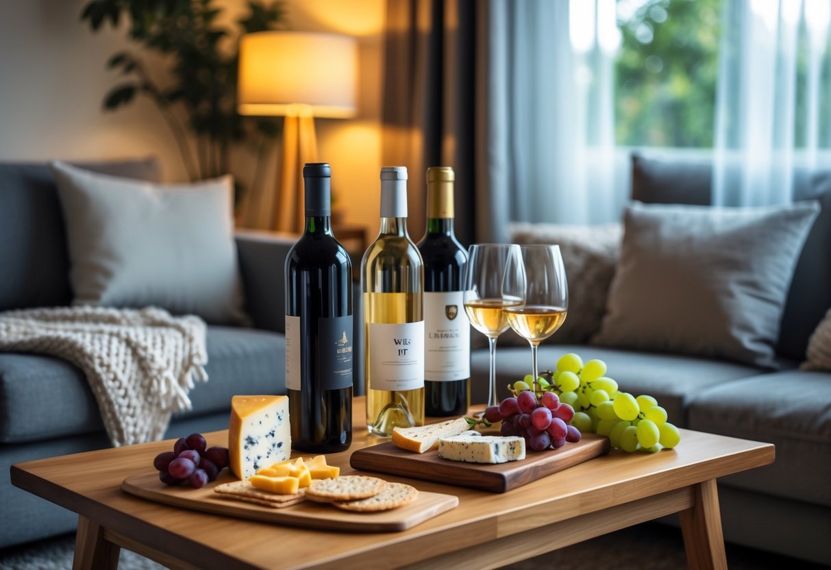 A cozy indoor scene with wine bottles, filled glasses, and a cheese board on a wooden table next to a sofa with cushions.