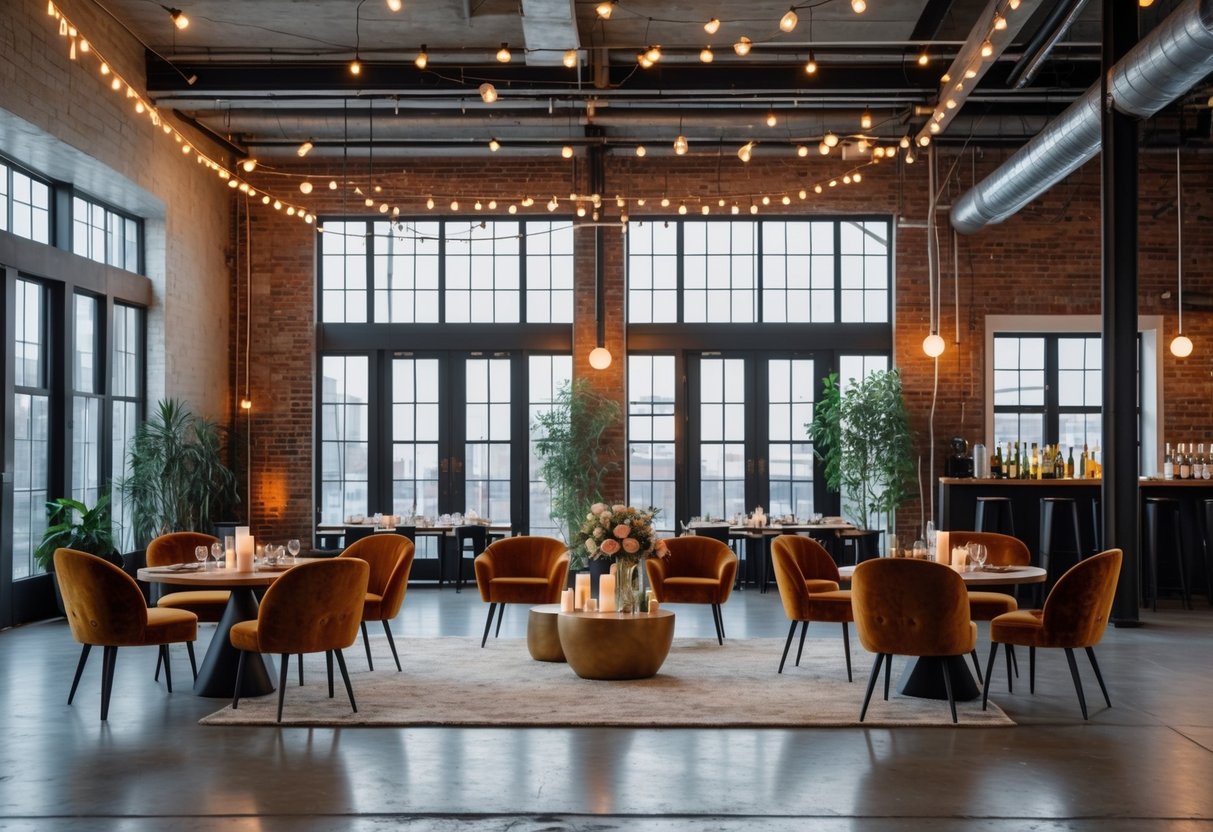 An open loft space with exposed brick walls, large windows, seating areas with chairs and tables, decorated with string lights and candles for a romantic evening.
