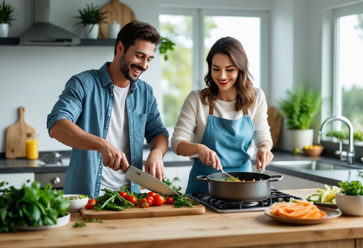A couple cooking together in a bright kitchen, preparing fresh ingredients and smiling.