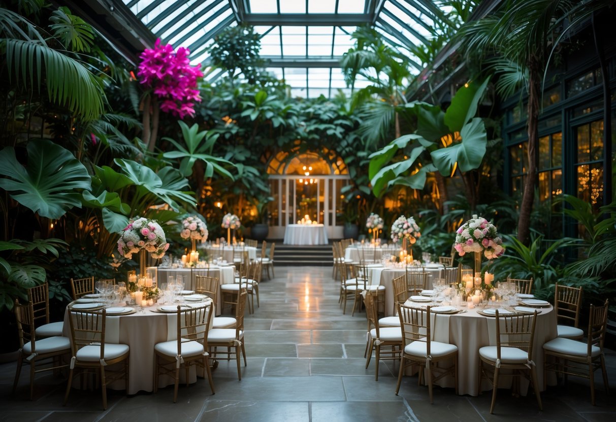 An elegant botanical conservatory decorated with tables and floral centerpieces, surrounded by lush green plants and natural light.