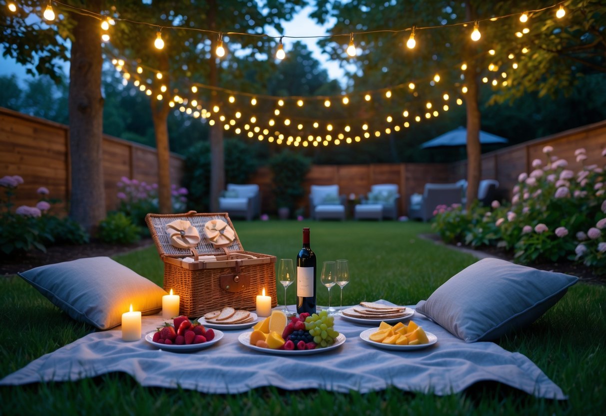A backyard picnic setup with a blanket, food, and fairy lights hanging overhead in a garden during the evening.