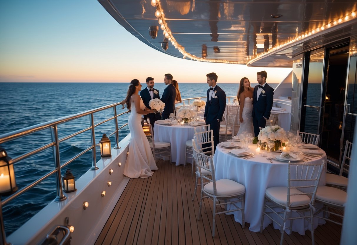 A luxury yacht deck at sunset with young couples in formal prom attire enjoying a romantic cruise over calm blue waters.